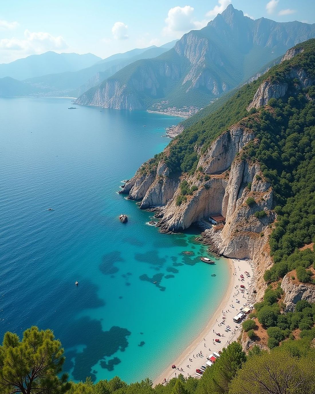 Kystlinje med fjell og strand i Antalya i Tyrkia